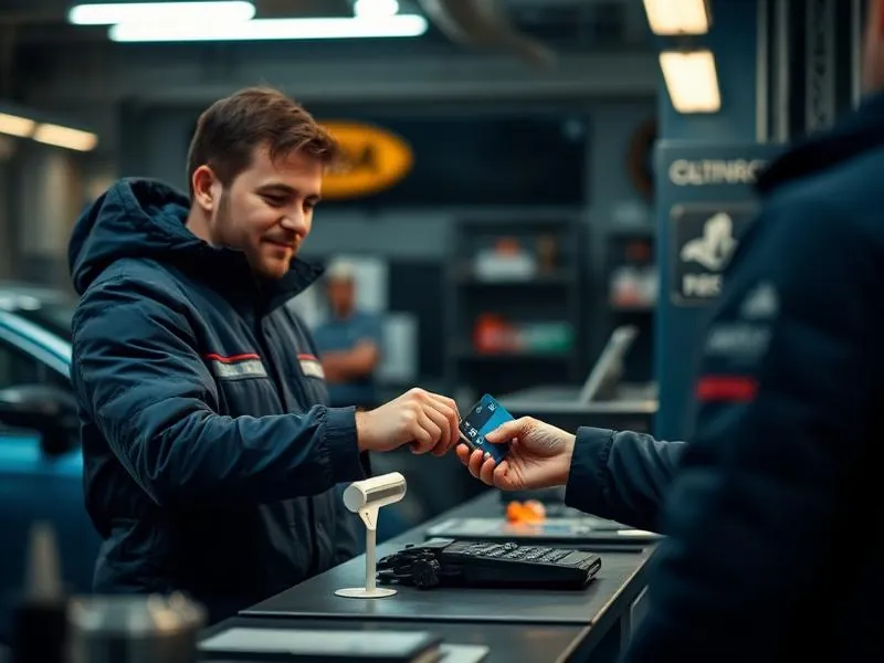 Auto shop service advisor taking a card payment