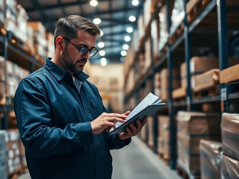 Wholesale warehouse manager reviewing invoices on a tablet