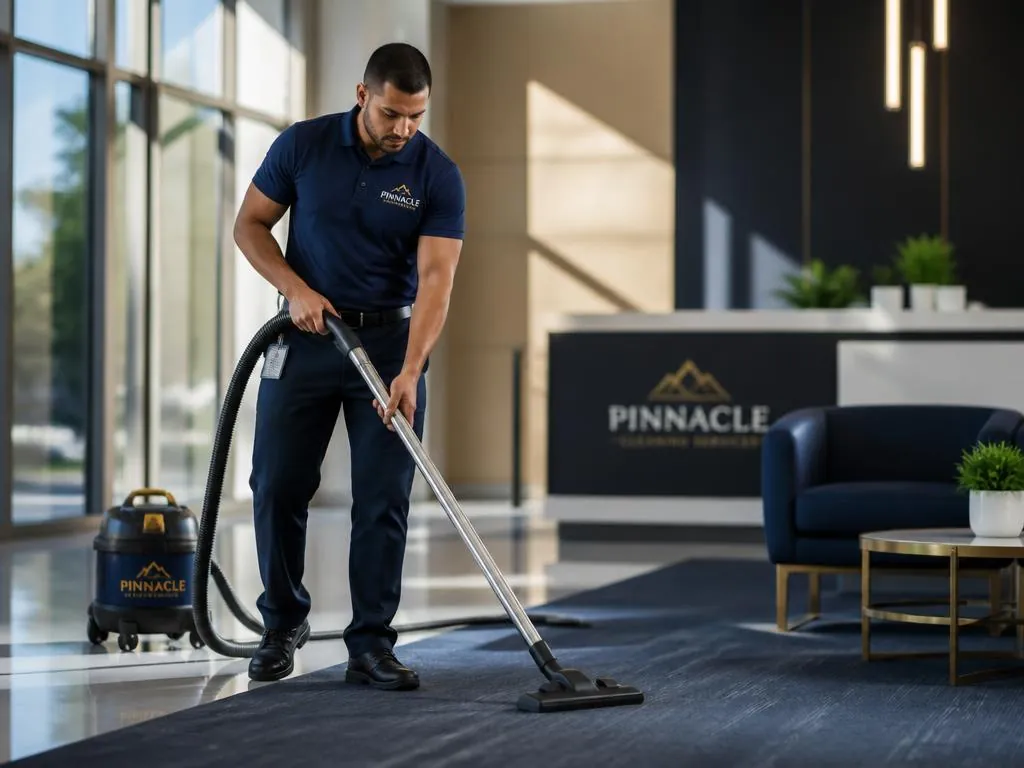 Commercial cleaning professional vacuuming an office lobby