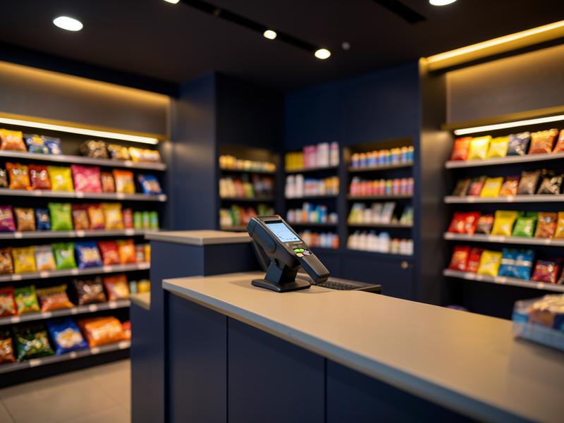 Convenience store checkout counter with card terminal and stocked shelves