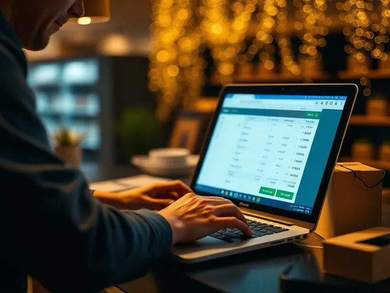 Online seller packing orders beside a laptop checkout screen