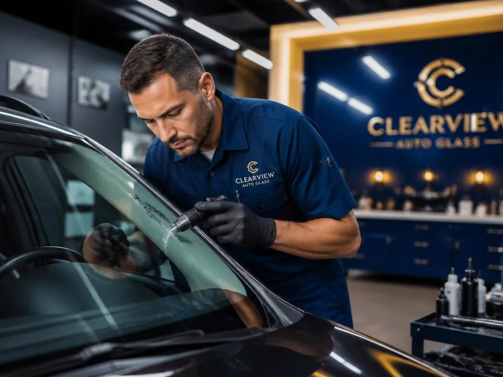 Auto glass technician repairing a windshield chip