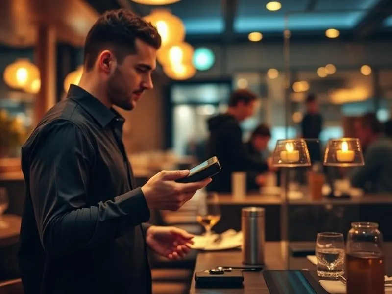 Restaurant server taking payment on a handheld terminal