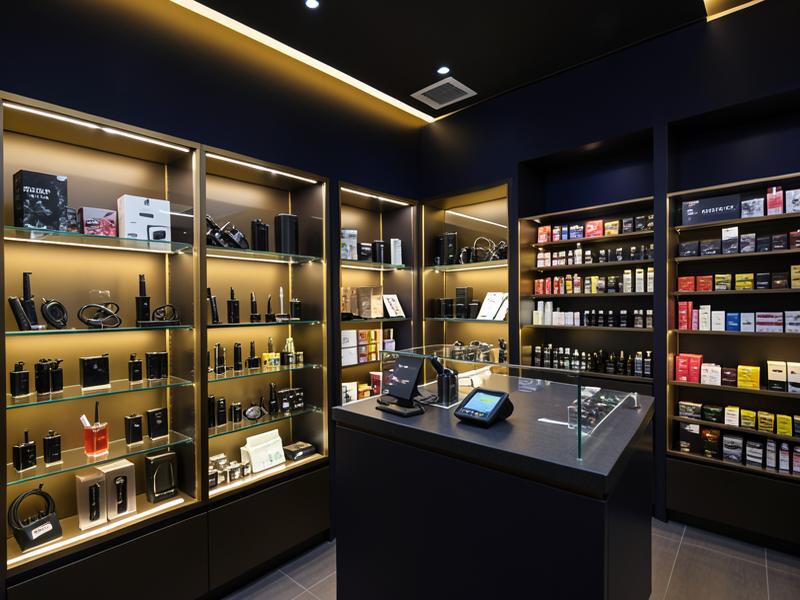 Tobacco and vape shop counter with glass displays and card payment terminal