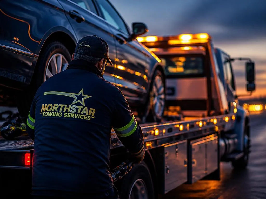 Towing operator loading a vehicle onto a flatbed truck at dusk