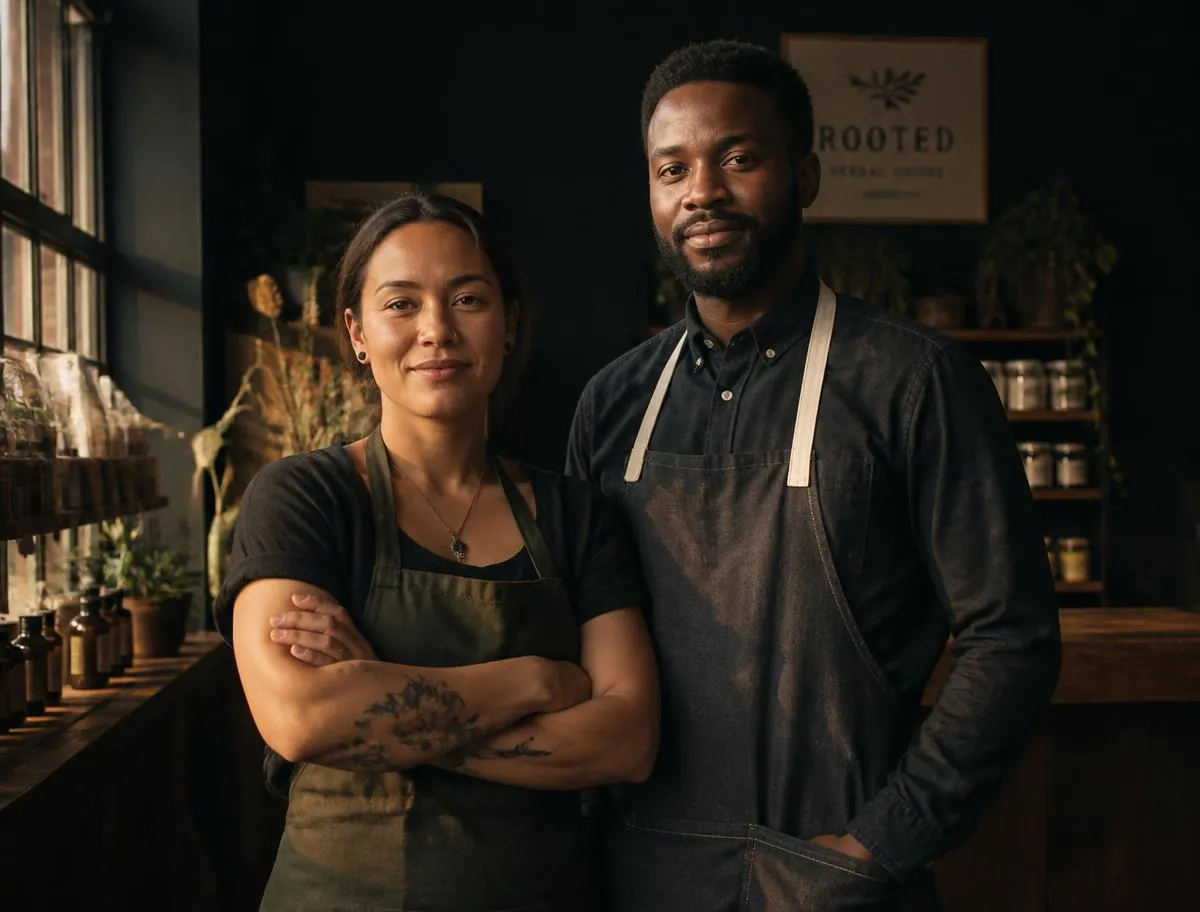 Two small business owners standing together inside their shop