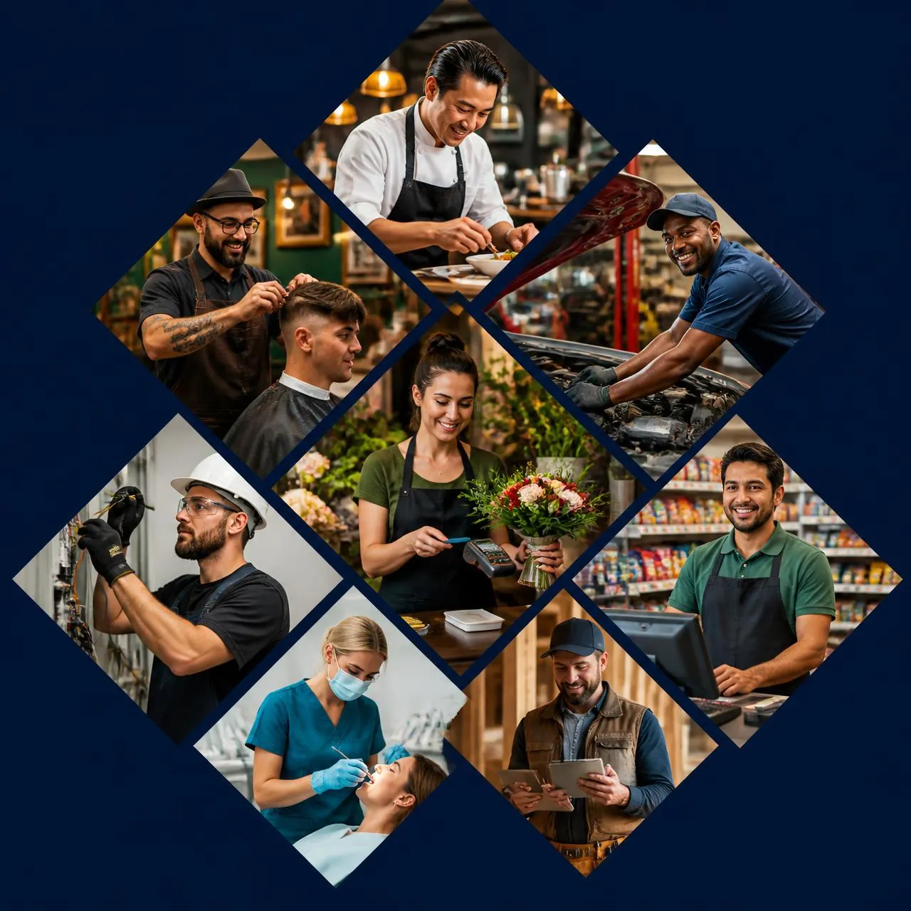 Collage of restaurant, barber, auto repair, florist, electrician, convenience store, dental and contractor merchants at work